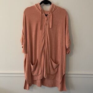 Barefoot Dreams Cozy Chic Ultra Lite Short Sleeve Zip Up Hoodie Tea Rose L/XL